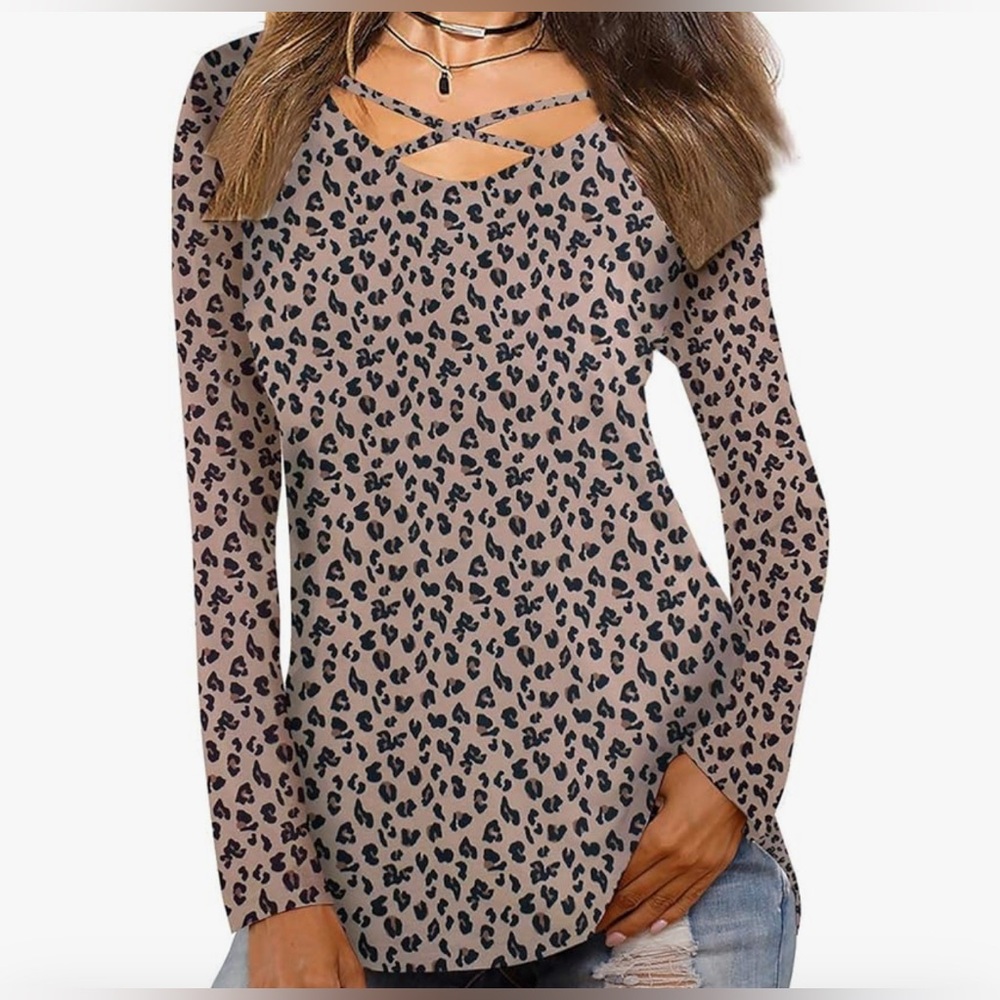 Lamilus Women's Leopard Print Crisscross V-Neck Long Sleeve Loose Casual Tops, S